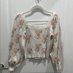 Floral Knit Sweater with Pink Roses